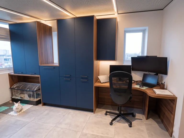 Bureau sur mesure avec façades bleues, plan de travail d'aspect bois et colonnes de rangement, réalisation MT Cuisine à Cugnaux