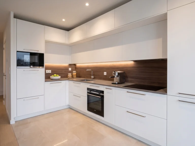 Cuisine blanche laquée en L avec crédence bois et plan de travail clair, réalisation MT Cuisine à Toulouse