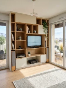 Meuble TV sur mesure avec niches ouvertes, ouvrant sur une terrasse, réalisation MT Cuisine à Ramonville-Saint-Agne