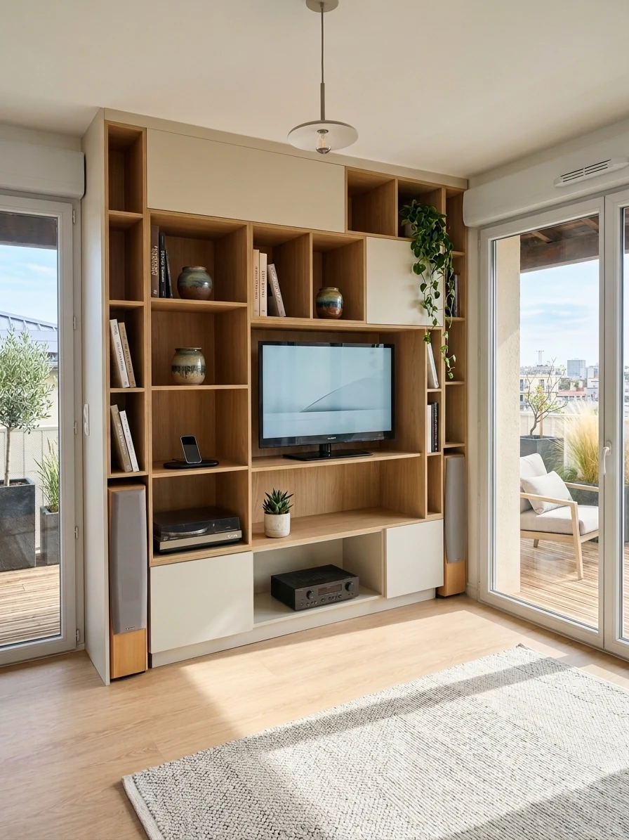 Meuble TV sur mesure avec niches ouvertes, ouvrant sur une terrasse, réalisation MT Cuisine à Ramonville-Saint-Agne