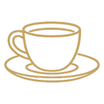 Icône dorée d'une tasse de café sur sa soucoupe, première rencontre au showroom MT Cuisine