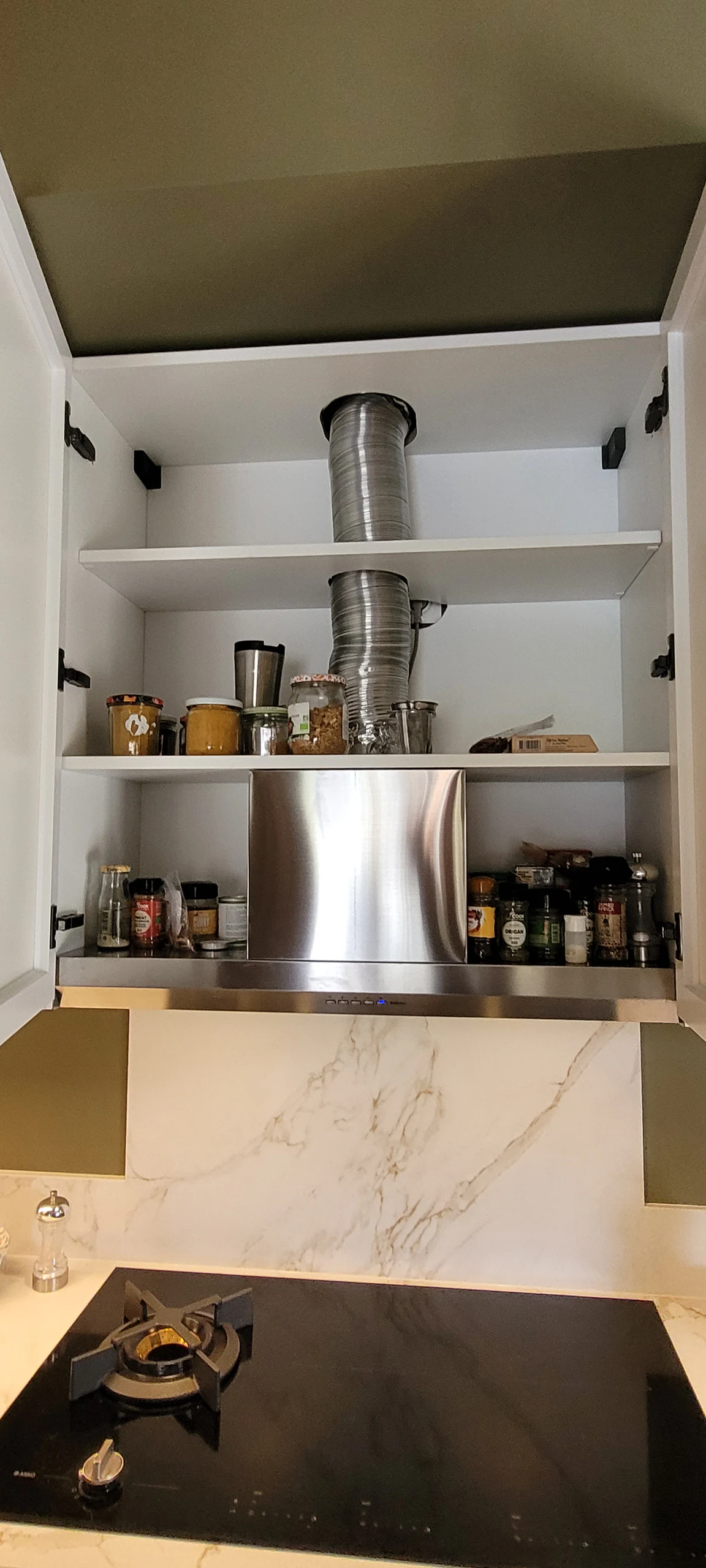 Meuble haut ouvert sur un rangement à épices, réalisation MT Cuisine à Plaisance-du-Touch