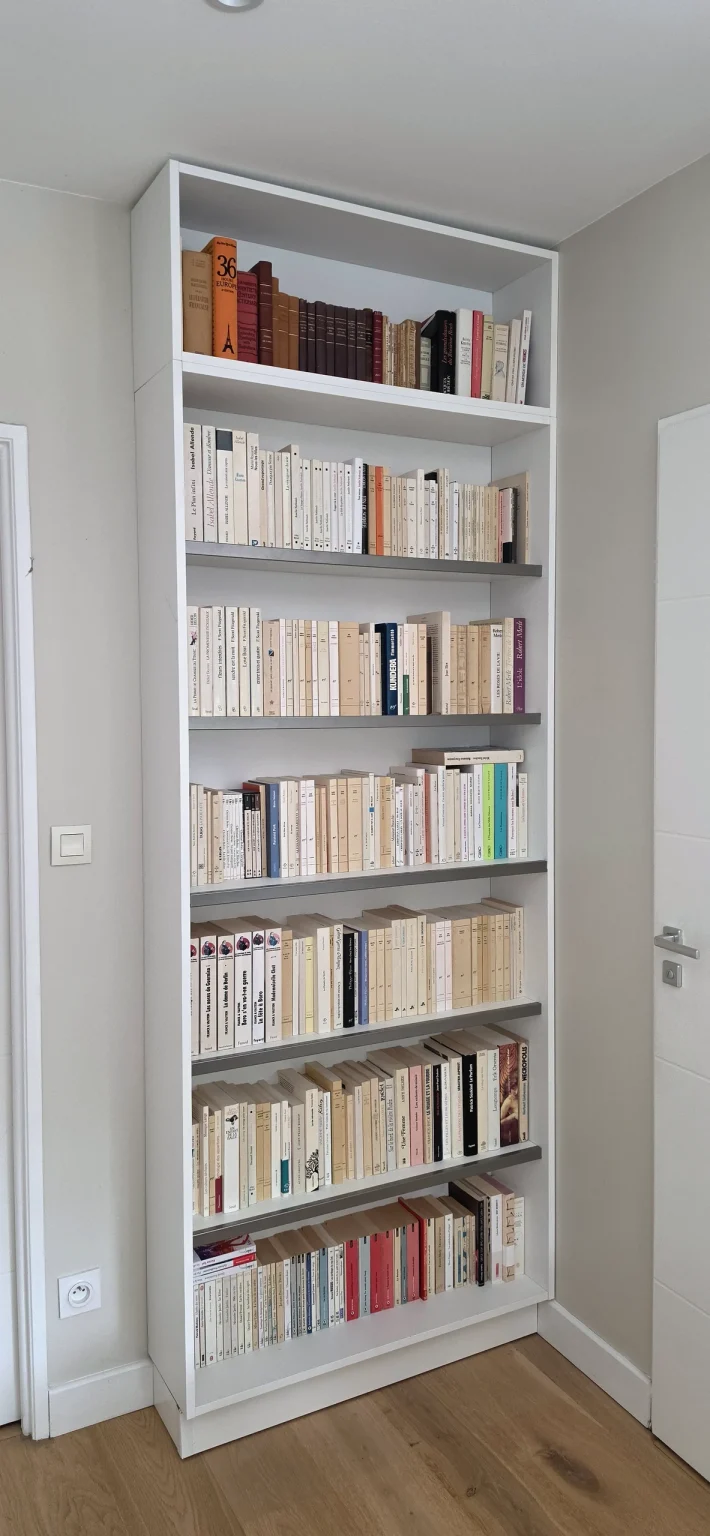 Bibliothèque sur mesure toute hauteur encastrée dans un couloir, étagères garnies de livres